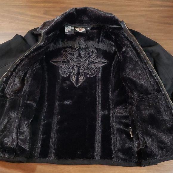 Harley-Davidson‎ Faux Fur & Suede Black Jacket Tribal Design Small - Picture 9 of 14